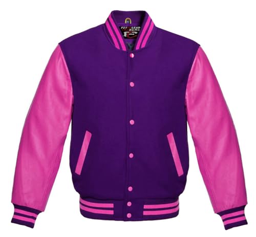 Hot Pink Leather Varsity Baseball Jacket Premium Wool Blend