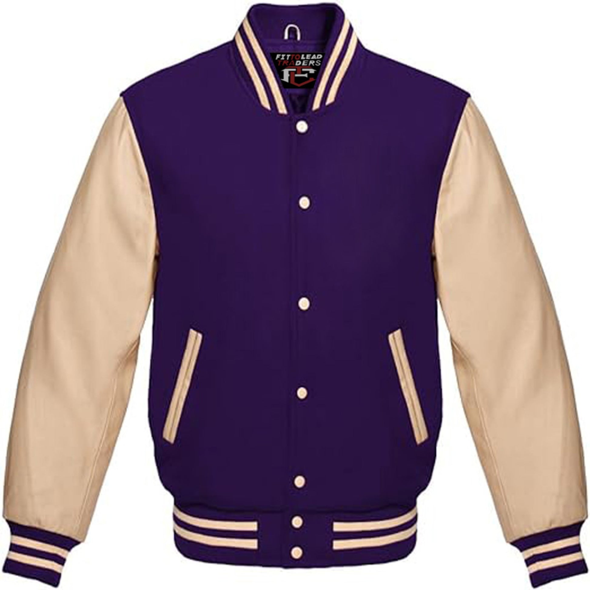 Classic Wool Varsity Jacket with Cream Leather Sleeves