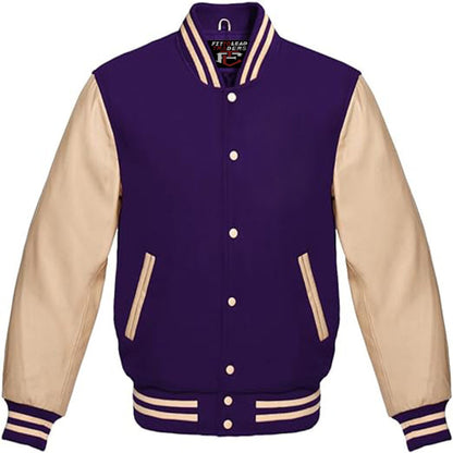 Purple and beige varsity jacket on a white background