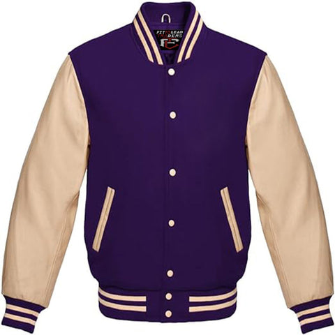 Classic Wool Varsity Jacket with Cream Leather Sleeves