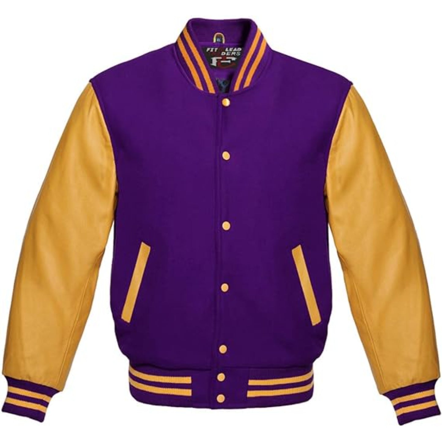 Purple and gold varsity jacket with button details on a white background