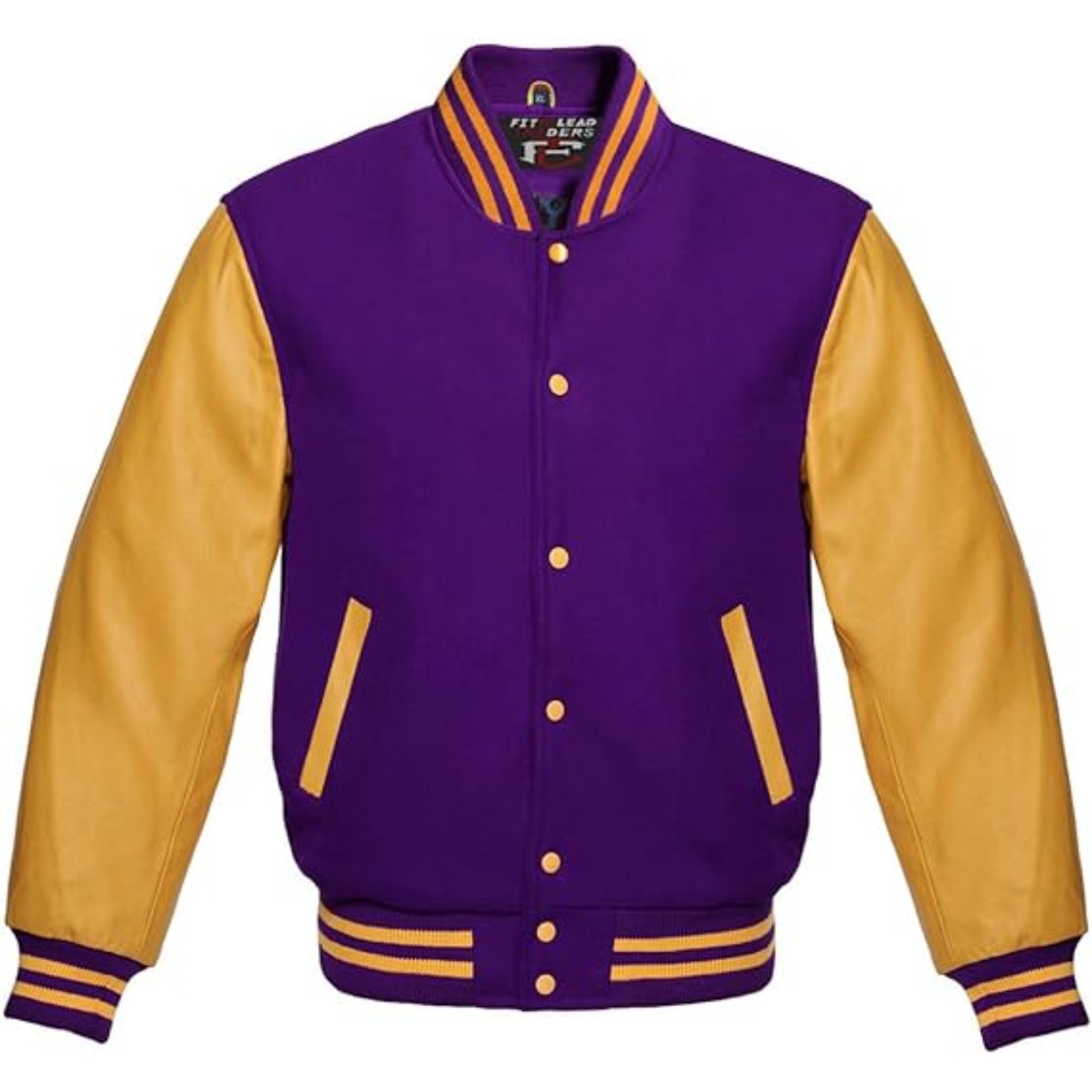Modern Wool Bomber Jacket Gold Leather Sleeves Stylish Wear