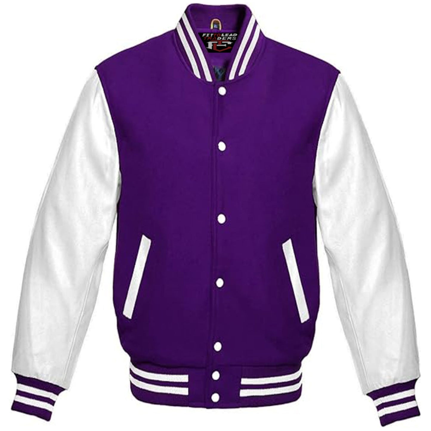 Purple and white varsity jacket with brand logo on a white background