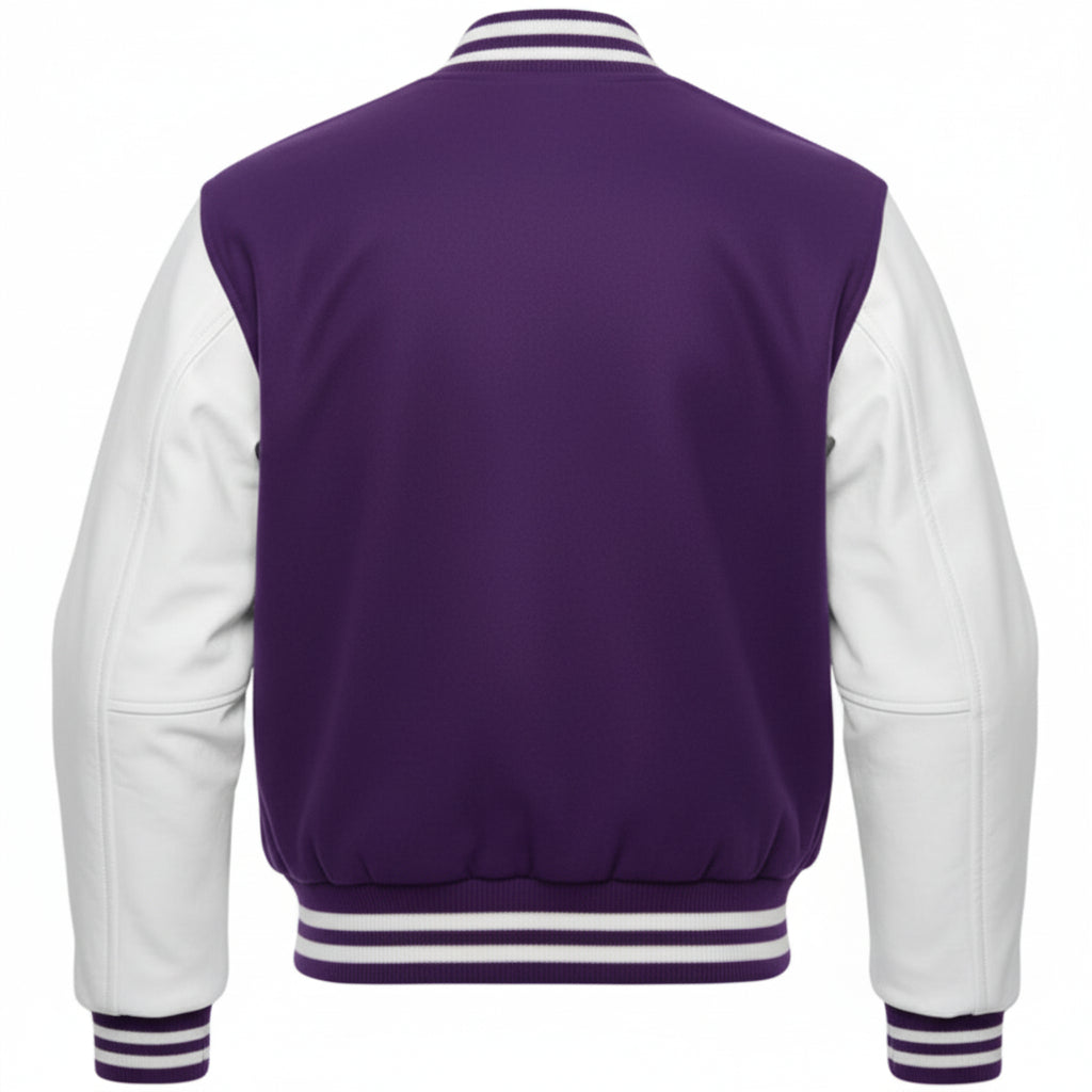 Purple and white varsity jacket on a white background