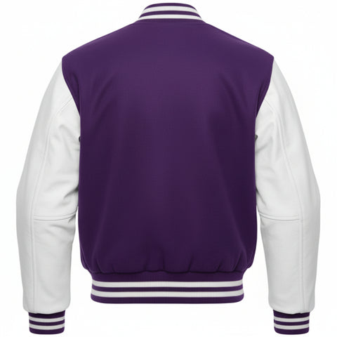 Purple and white varsity jacket on a white background