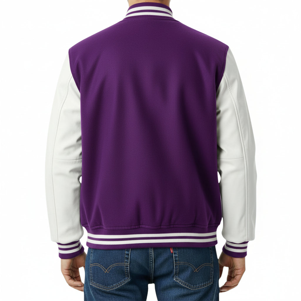 Purple and white varsity jacket on a white background