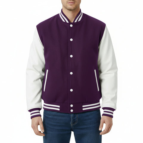 Purple and white varsity jacket worn by a person on a white background