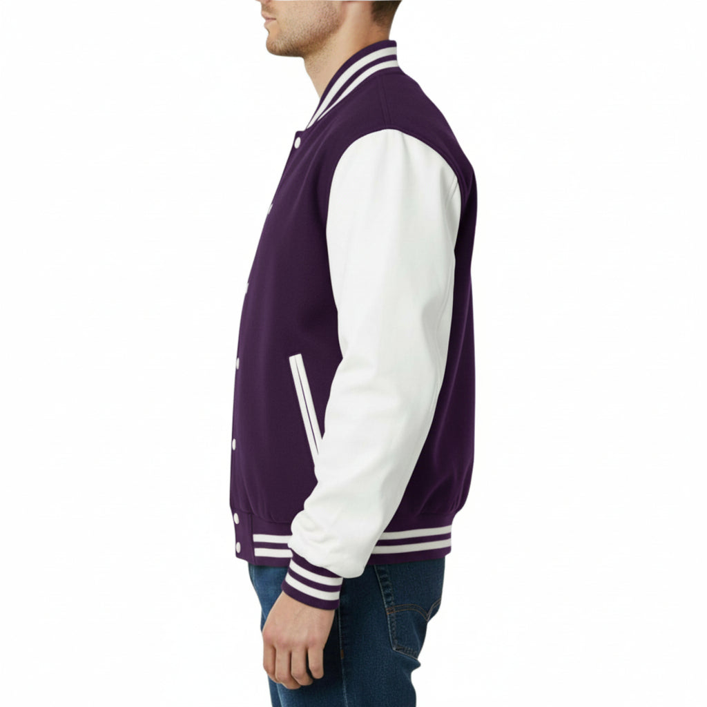 Purple and white varsity jacket worn by a person on a white background
