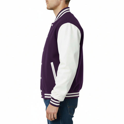 Purple and white varsity jacket worn by a person on a white background