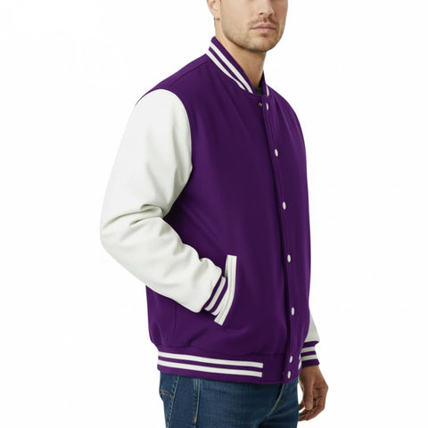 Purple varsity jacket with white sleeves and collar on a white background