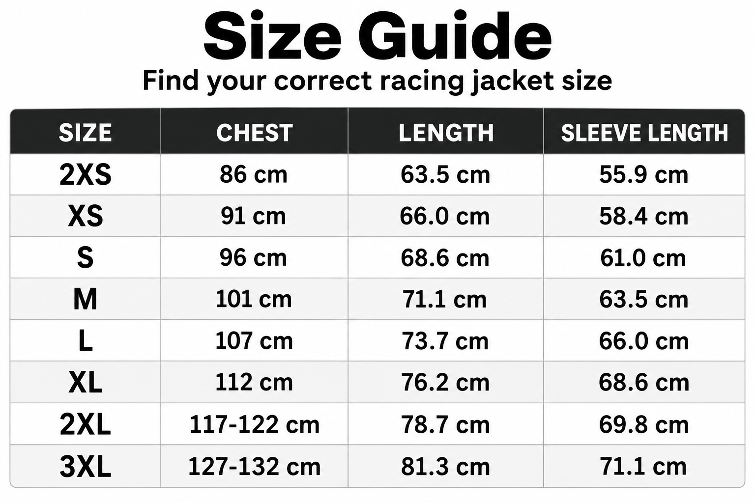 A size guide table for a racing jacket, showing chest, length, and sleeve length measurements for sizes 2XS through 3XL.