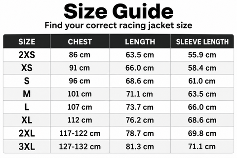 A size guide table for a racing jacket, showing chest, length, and sleeve length measurements for sizes 2XS through 3XL.
