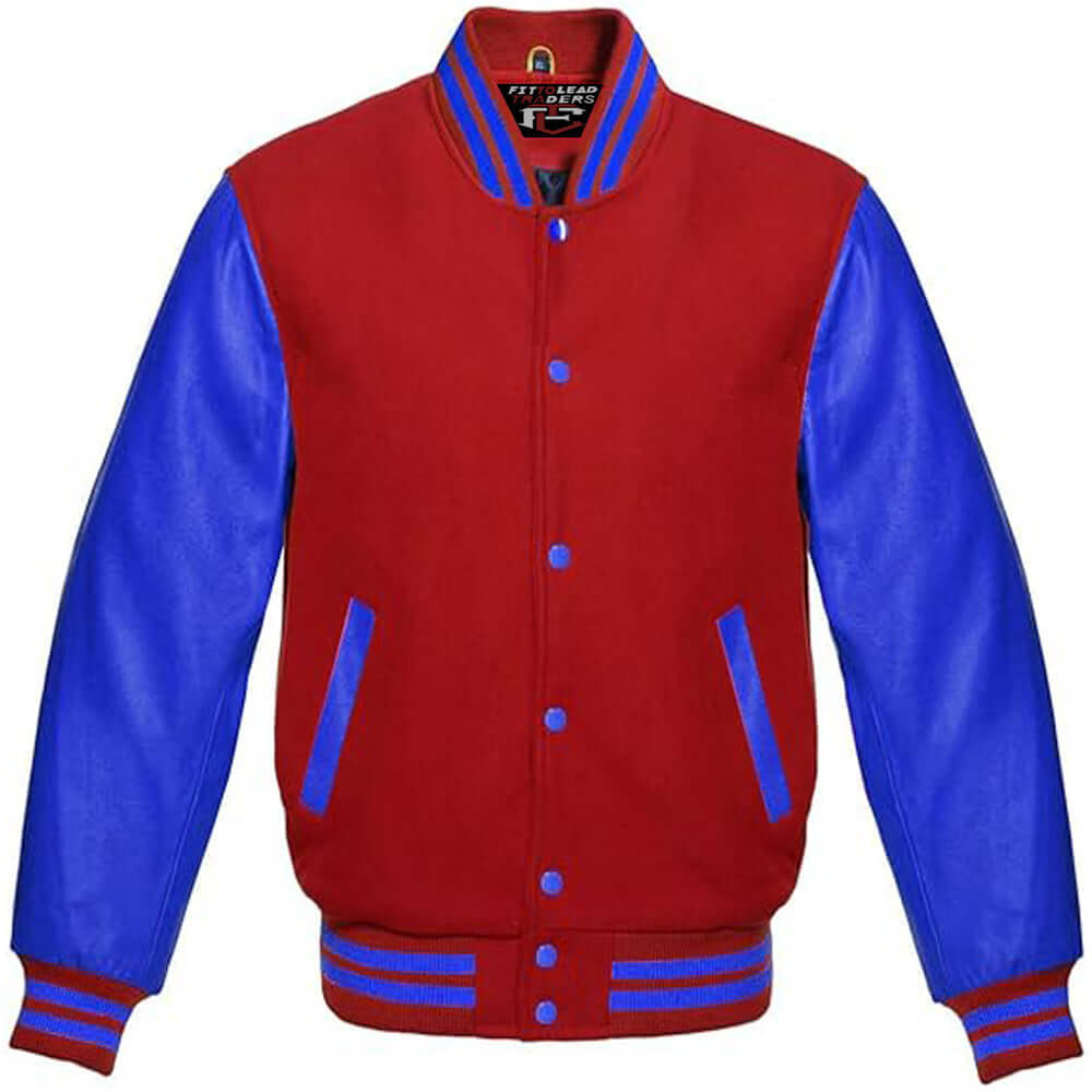 Multicolor Wool Varsity Jacket in Royal Blue Leather Sleeves