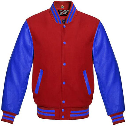 Multicolor Wool Varsity Style Jacket Genuine Royal Blue Leather Sleeves