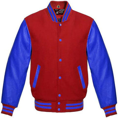 Multicolor Wool Varsity Jacket in Royal Blue Leather Sleeves