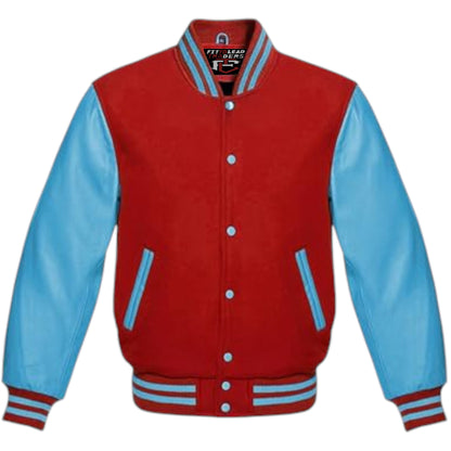 A multicolor wool varsity style jacket with genuine sky blue leather sleeves, featuring a full front snap button closure, ribbing on cuffs, collar, and hem, and multiple pockets.