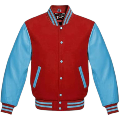 Multicolor Wool Varsity Jacket Genuine Sky Leather Sleeves