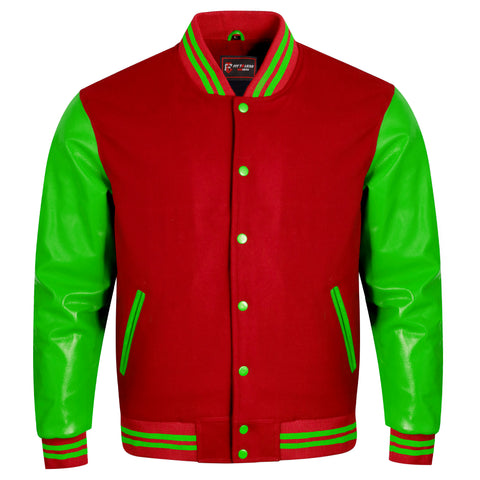 A red and green varsity-style jacket with a red body, bright green sleeves, green striped ribbing, and green buttons, shown on a plain white background.