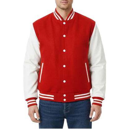 Unisex Varsity Jacket Red Body with White Genuine Leather Sleeves