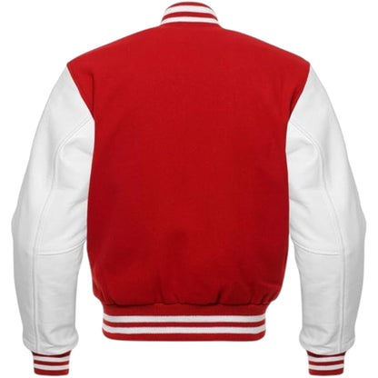 Unisex Varsity Jacket Red Body with White Genuine Leather Sleeves