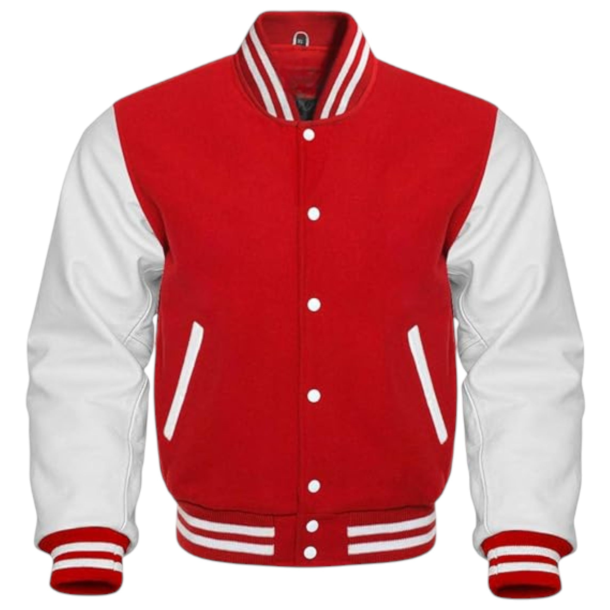 Red and white varsity jacket on a white background