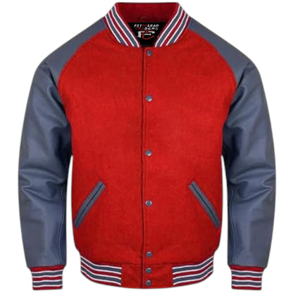 A stylish varsity jacket with a black wool body and grey leather sleeves, featuring a quilted polyester lining, snap buttons, ribbing on the cuffs, collar, and hem, and multiple pockets.