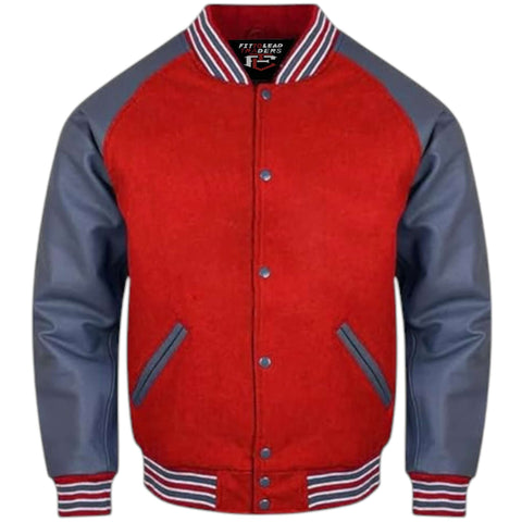 Letterman Varsity Jacket Wool Body with Grey Leather Sleeves
