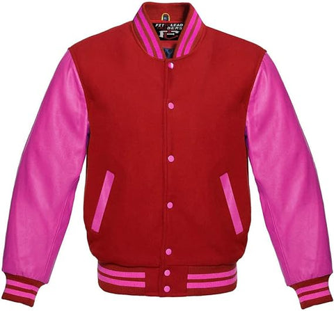 Hot Pink Leather Varsity Baseball Jacket Premium Wool Blend