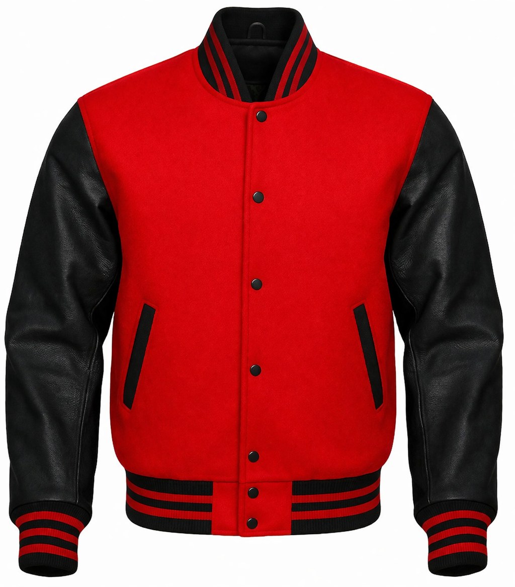 A varsity-style jacket with a light blue body and black faux-leather sleeves, featuring black and white striped ribbed collar, cuffs, and hem, and black button closures.