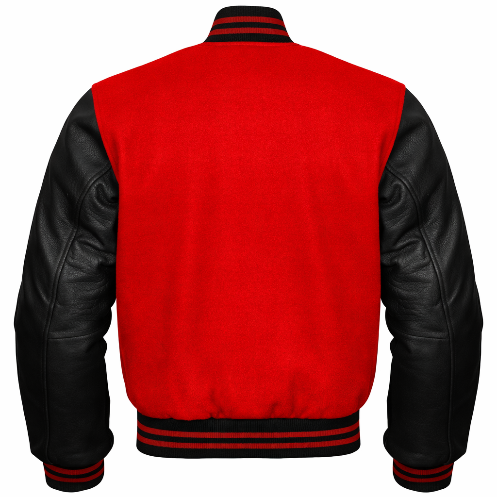 A red and black varsity-style jacket shown from the back, featuring a bright red wool body and black leather-look sleeves, with black ribbed collar, cuffs, and hem accented by thin red stripes.