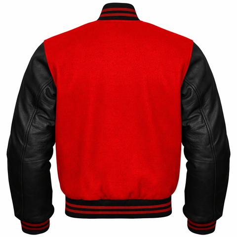A red and black varsity-style jacket shown from the back, featuring a bright red wool body and black leather-look sleeves, with black ribbed collar, cuffs, and hem accented by thin red stripes.