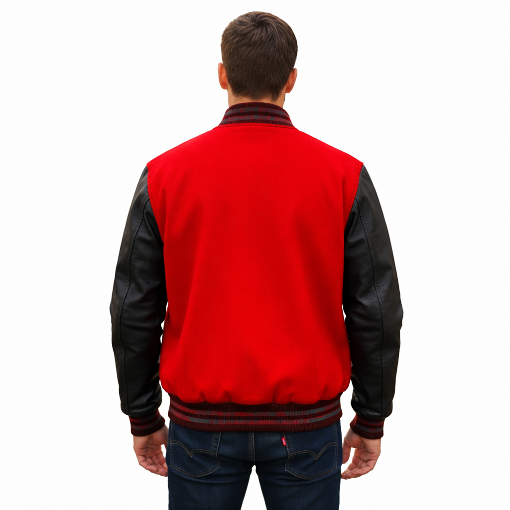 A man viewed from the back wearing a red and black varsity-style jacket with black leather-look sleeves, ribbed knit collar and hem, and dark blue jeans against a plain white background.