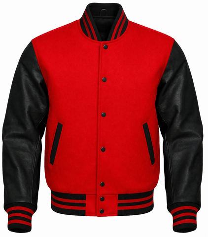 A varsity-style jacket with a light blue body and black faux-leather sleeves, featuring black and white striped ribbed collar, cuffs, and hem, and black button closures.