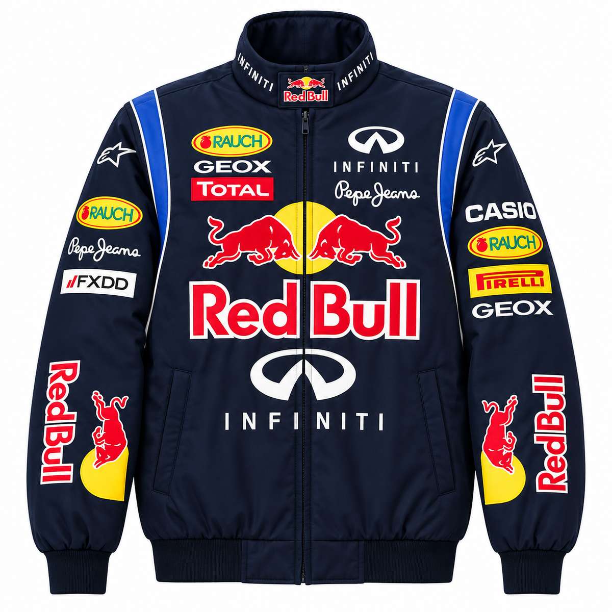 A navy blue Red Bull Racing team jacket with multiple sponsor logos including Red Bull, Infiniti, Geox, and Pirelli, displayed on a clean white background.
