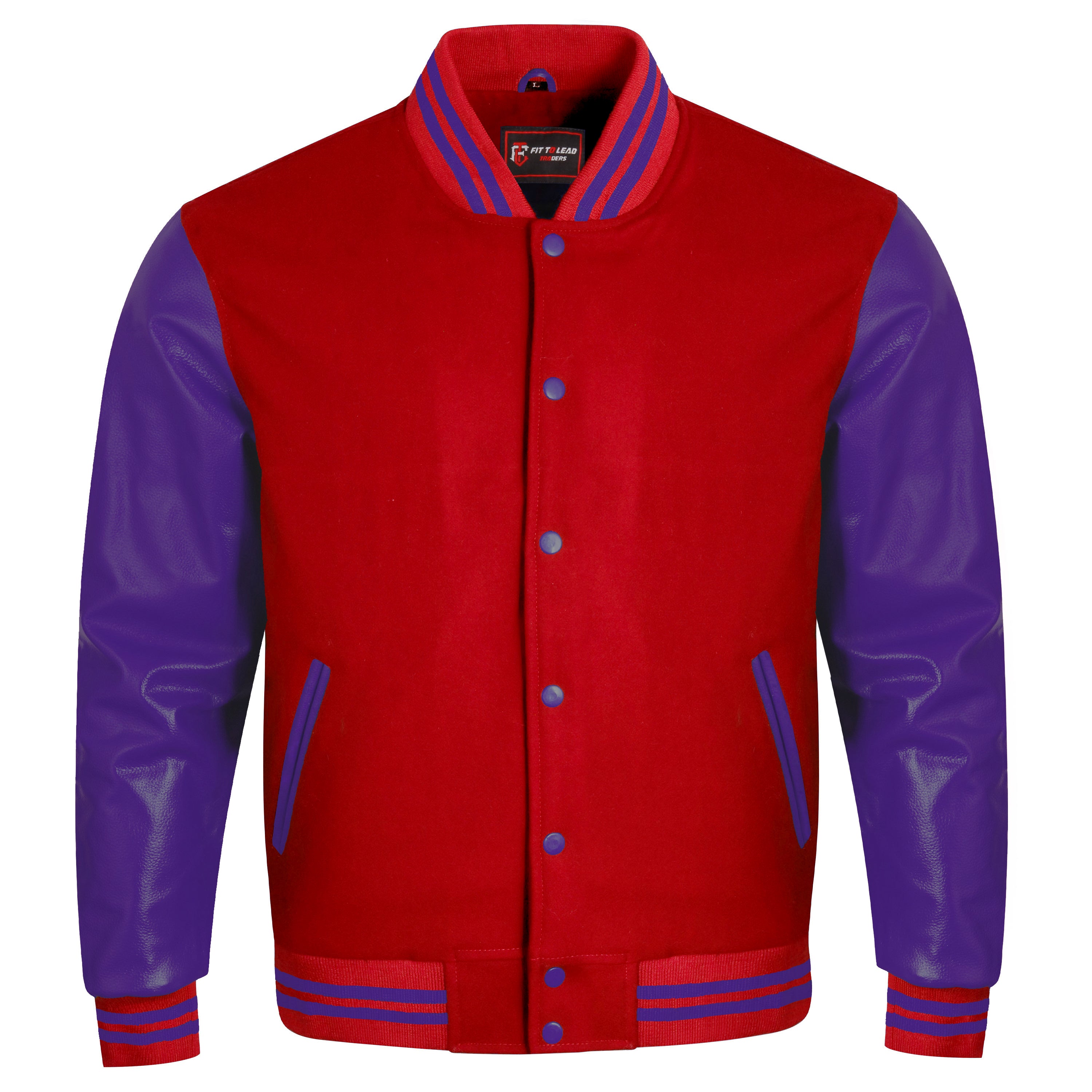 A red and green varsity jacket with a red body, green sleeves, and green striped ribbing on the collar, cuffs, and hem, shown against a plain white background.