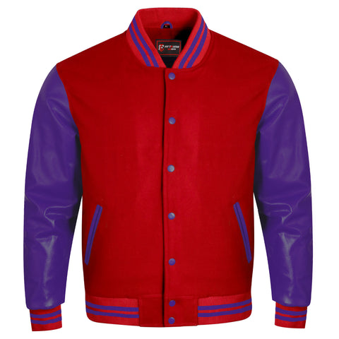 A red and green varsity jacket with a red body, green sleeves, and green striped ribbing on the collar, cuffs, and hem, shown against a plain white background.
