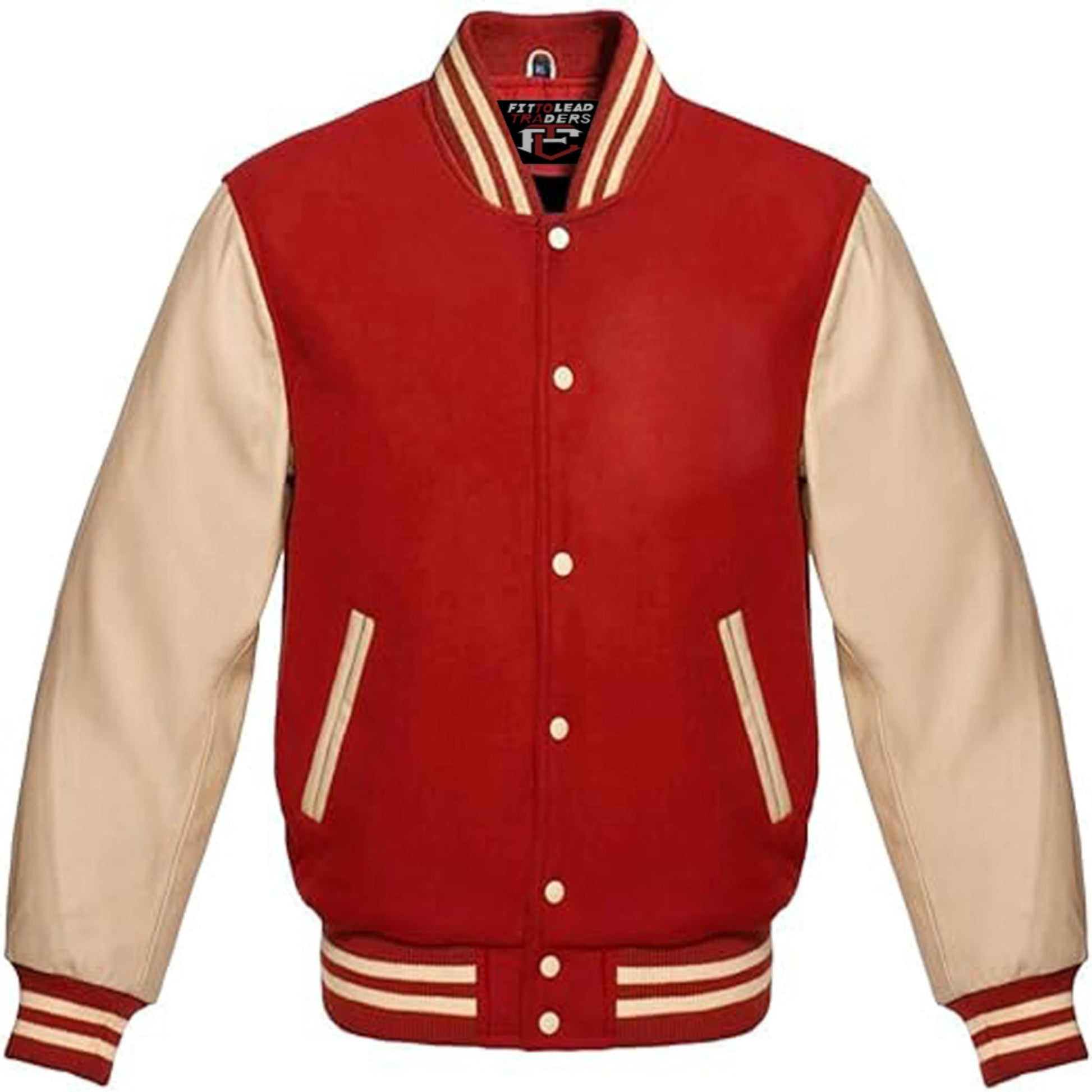 Red and beige varsity jacket on a white background