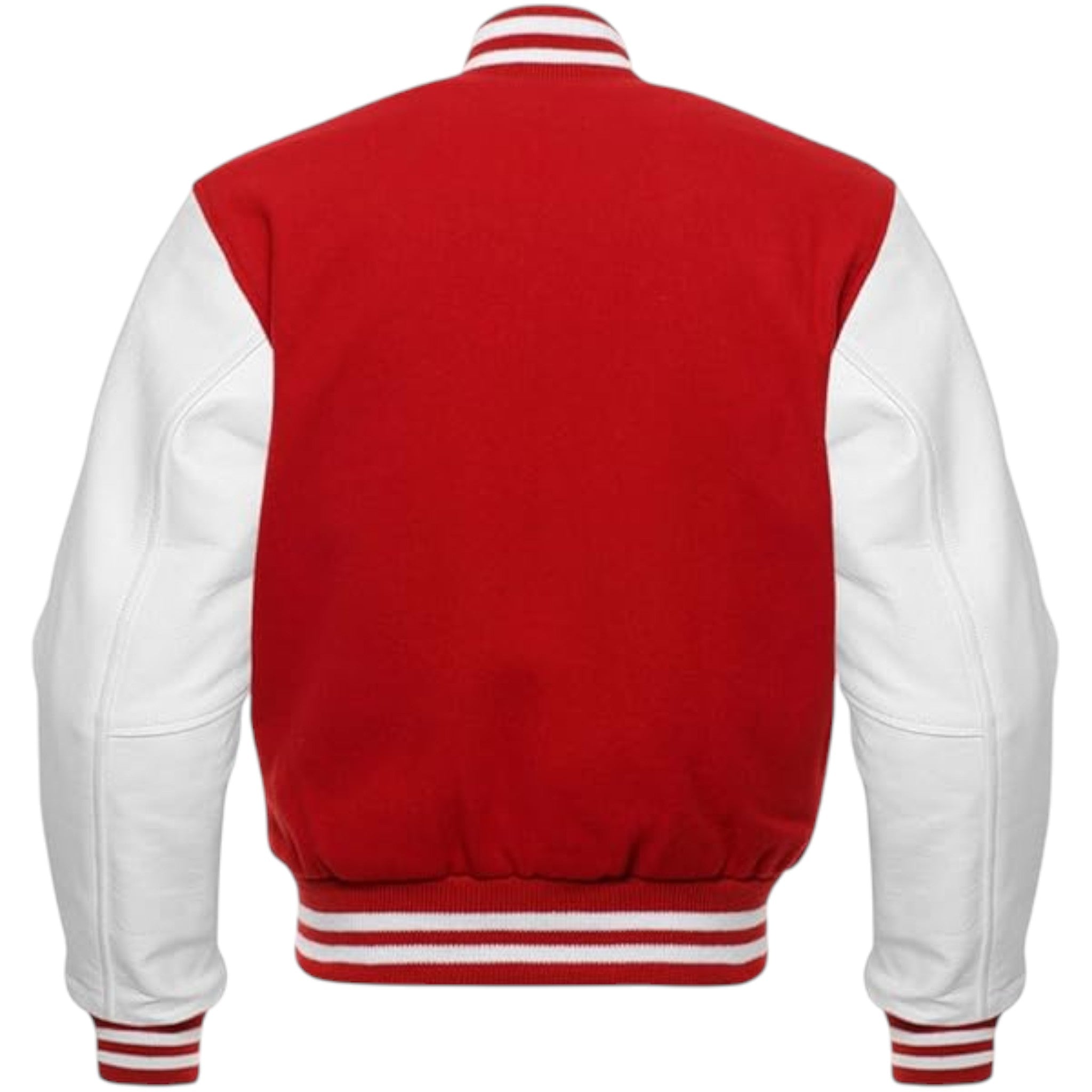 Red and white varsity jacket on a white background