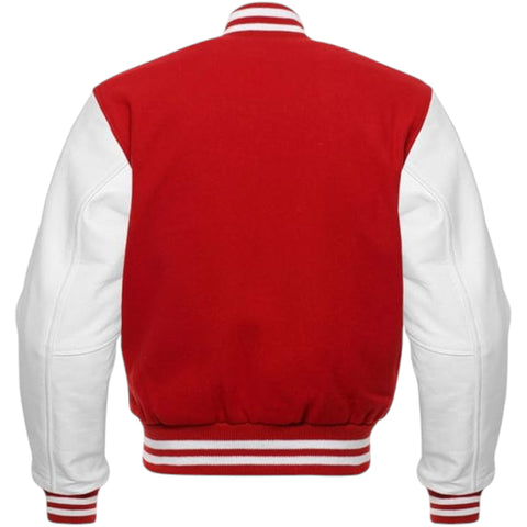 Red and white varsity jacket on a white background