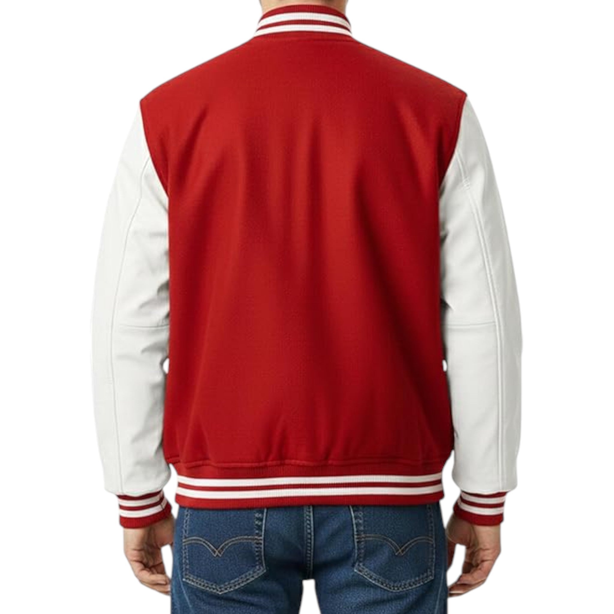 Red and white varsity jacket on a white background