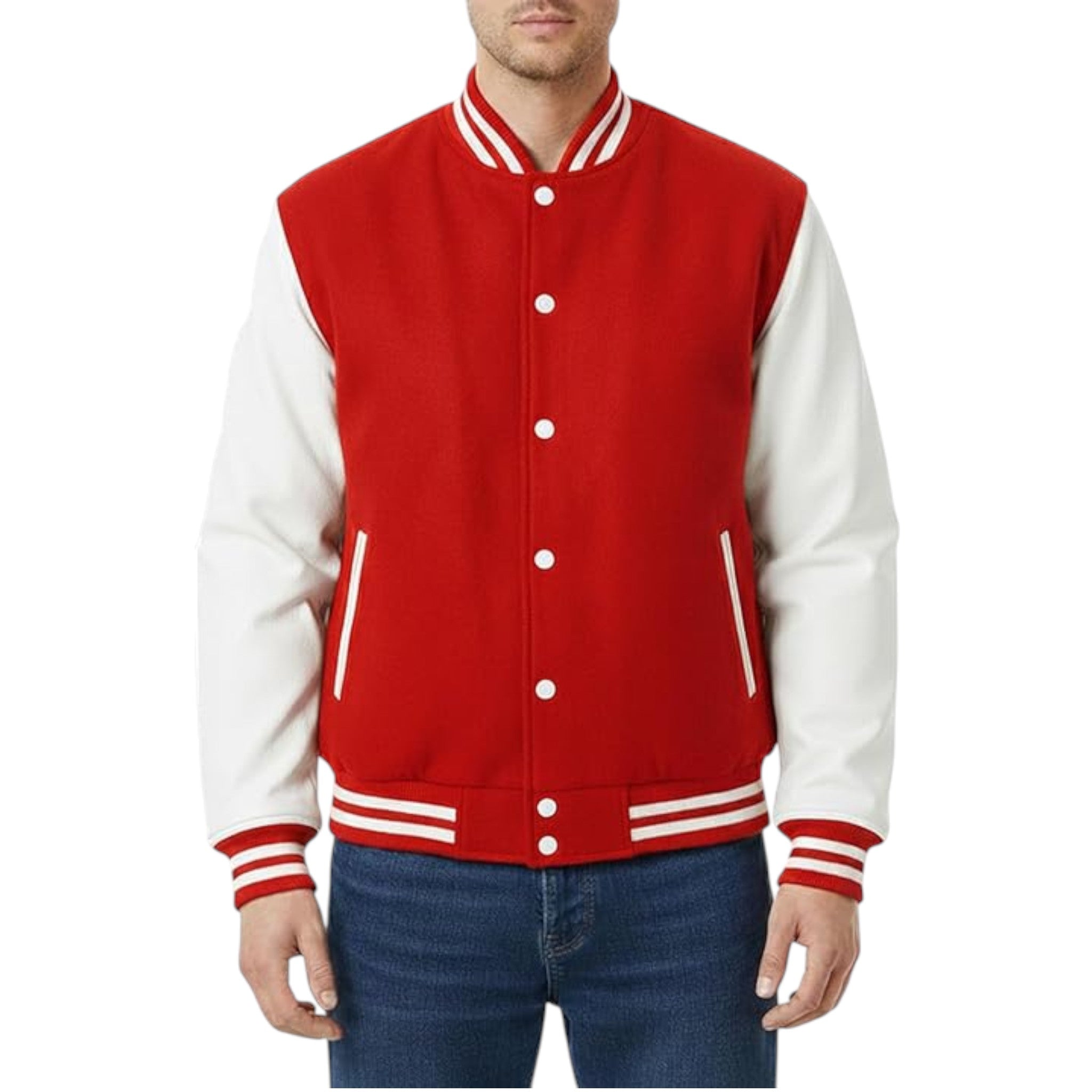 Red and white varsity jacket worn by a person on a white background