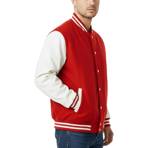 Red and white varsity jacket worn by a person on a white background