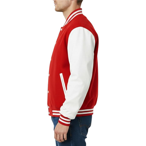 Red and white varsity jacket worn by a person on a white background