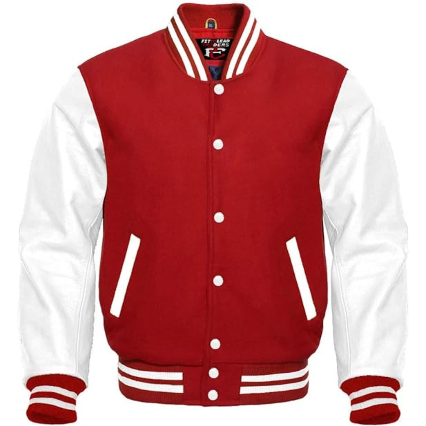 Red and white varsity jacket on a white background
