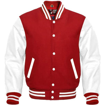 Red and white varsity jacket on a white background