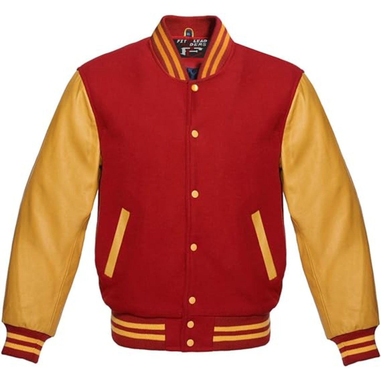 Red and yellow varsity jacket on a white background