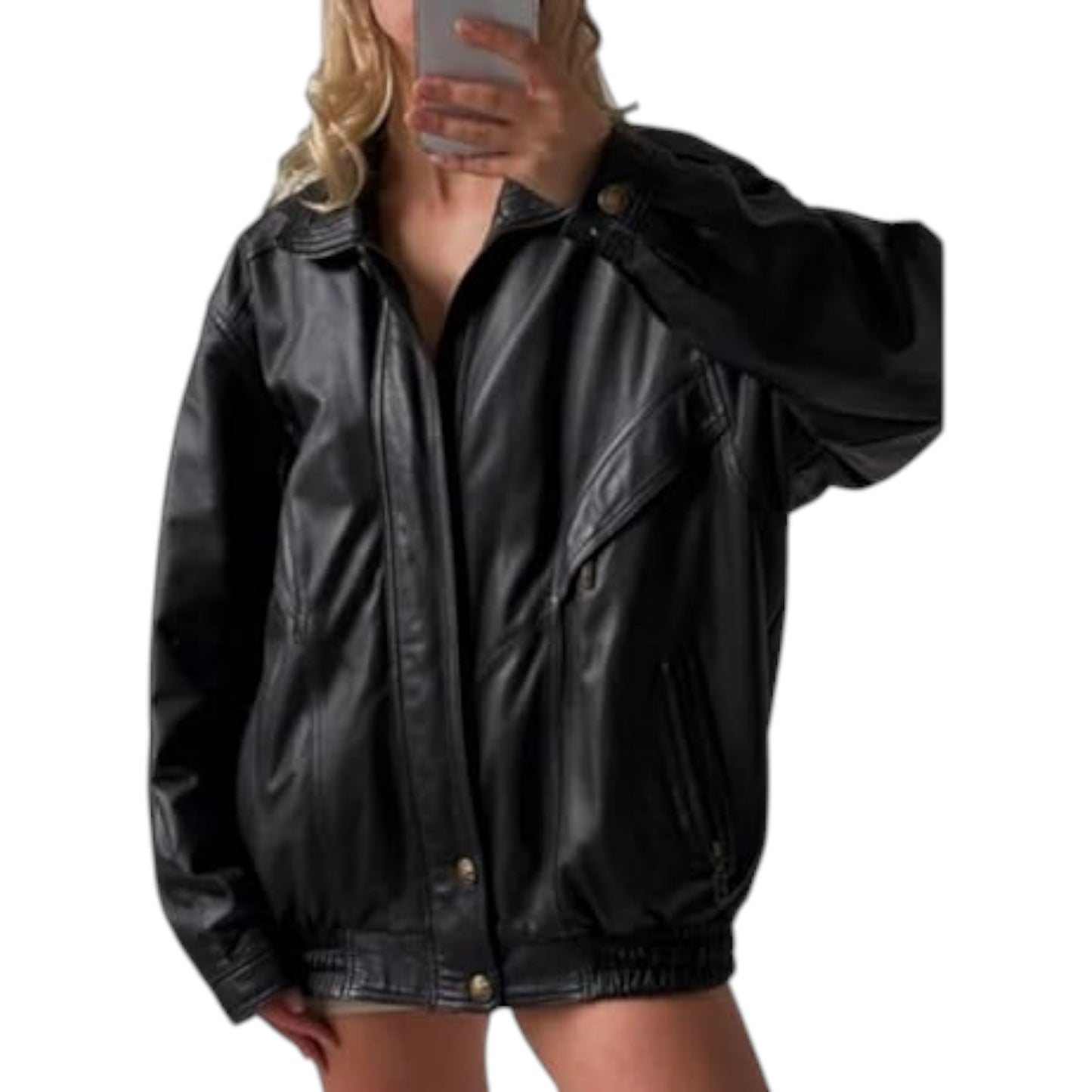 Person wearing a black leather jacket on a white background