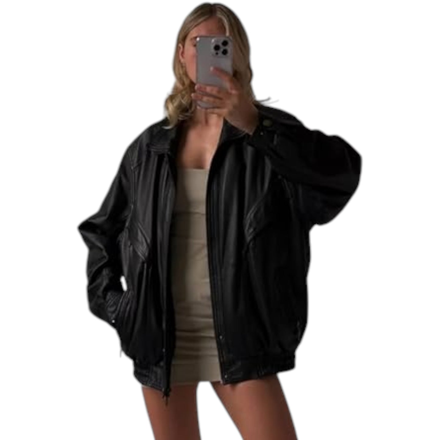 Person wearing a black jacket on a white background