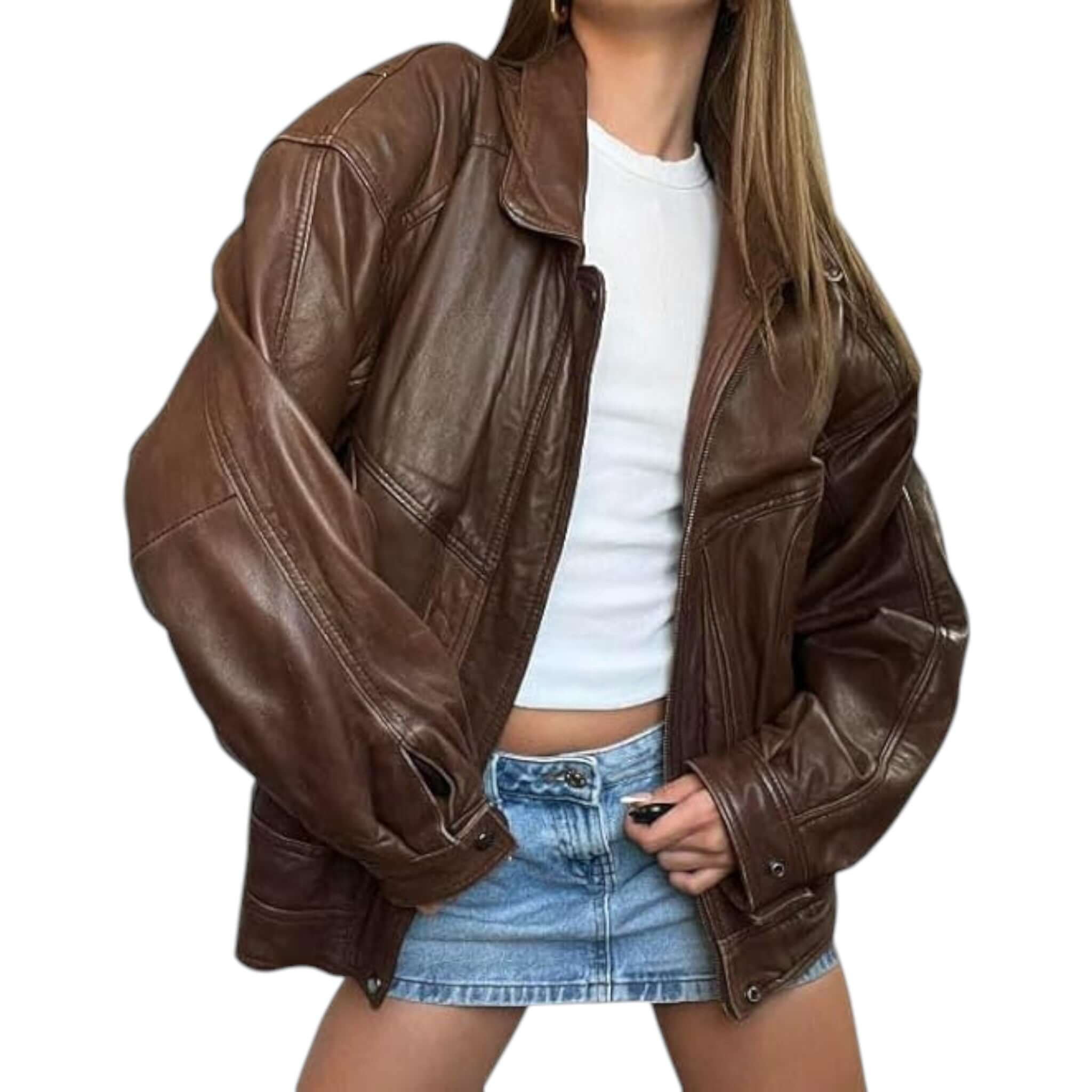 Oversized 90s Retro Leather Bomber Brown Leather Jacket