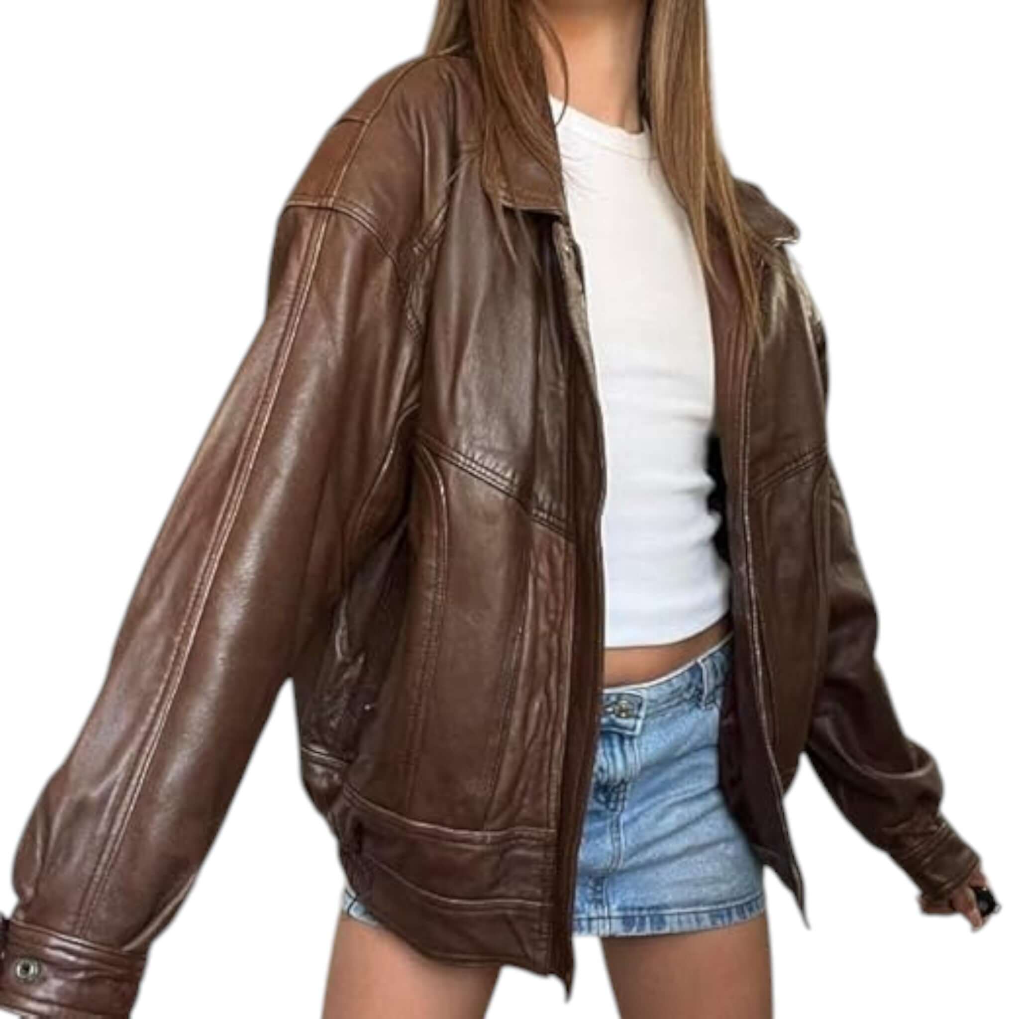 Oversized 90s Retro Leather Bomber Brown Leather Jacket
